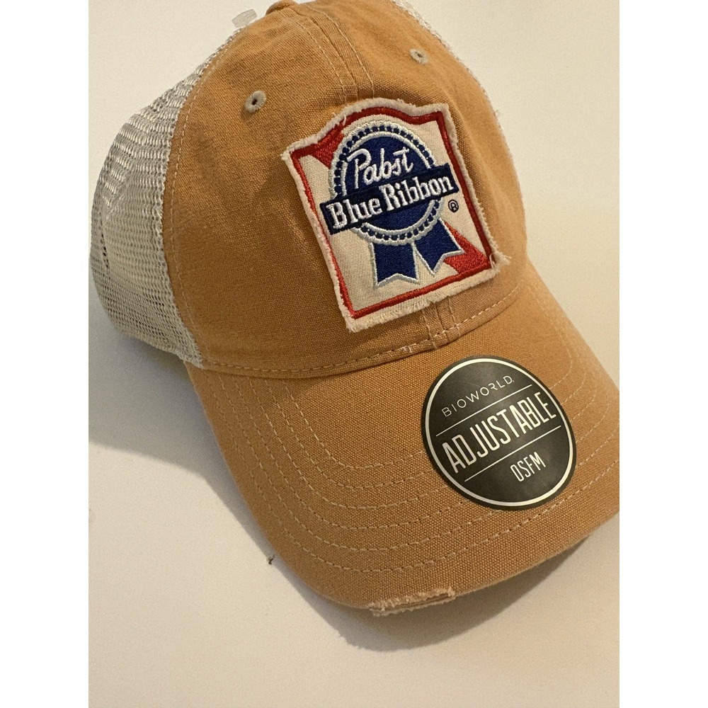 Pabst Blue Ribbon Distressed Trucker Hat Bioworld Tan Snapback Adjustable NWT
